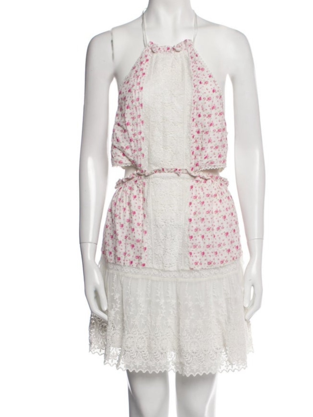 LoveShackFancy White and Pink Floral Halter Lace Dress